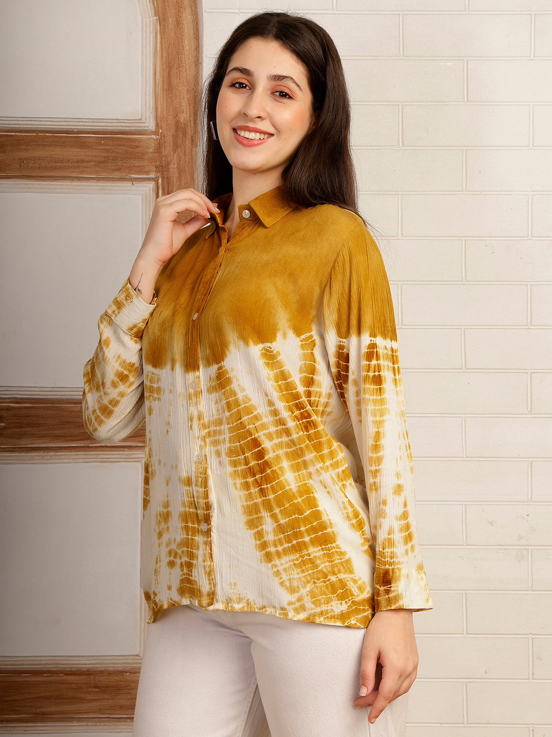 Women Hand Tie & Dye Mustard Rayon Casual Shirt (W1792)