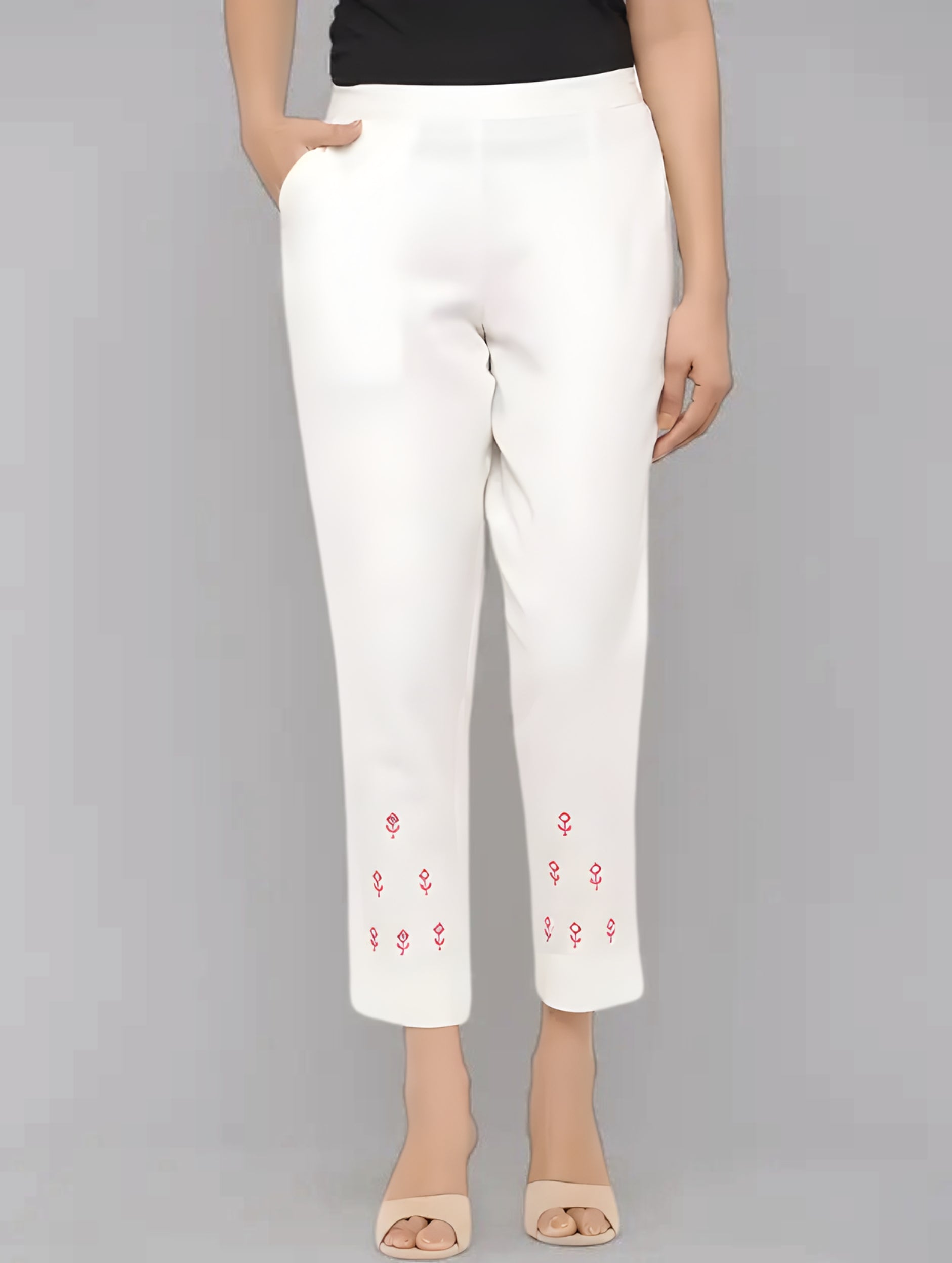 Women White Cotton Solid Casual Pant (W1068)