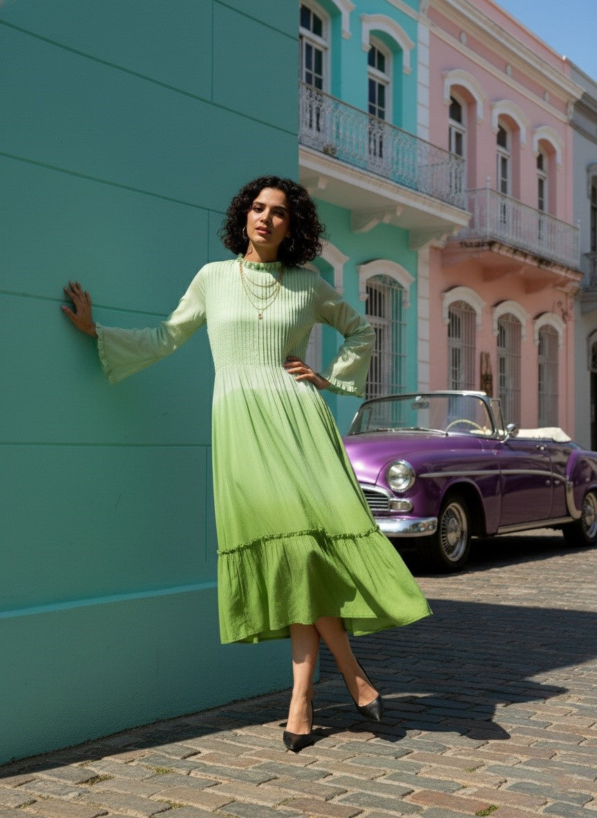 Women Handmade Self Design Cotton Blend Flared Light Green Dress (W1607)