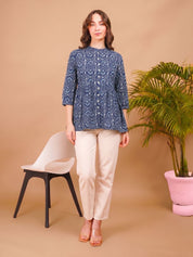 Women Casual Cotton Printed Mandarin Collar A-Line Top (W1343)