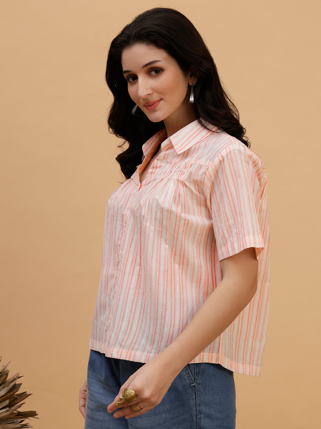 Women Camric Pink Striped Casual Regular Fit Shirt (W1812)