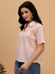 Women Camric Pink Striped Casual Regular Fit Shirt (W1812)