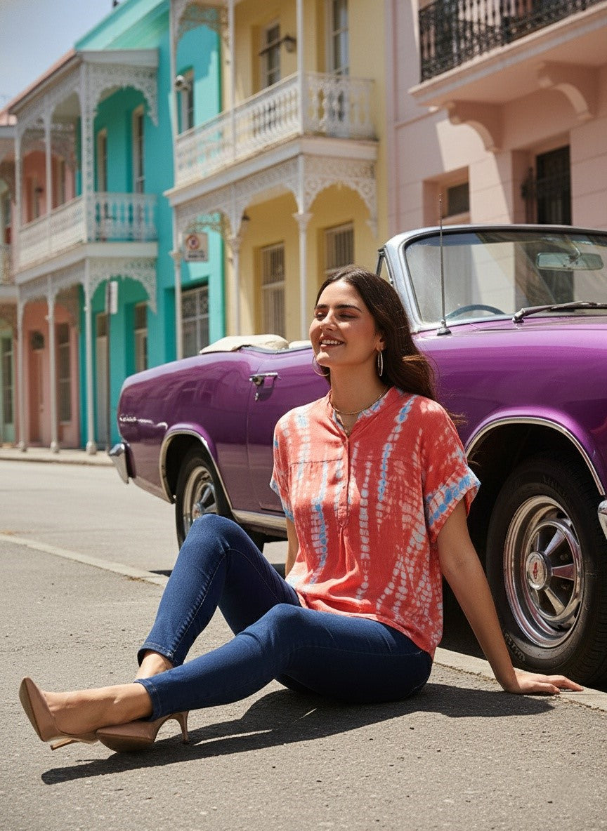 Hand Tie Dyed Red  Top for Women (W1529)