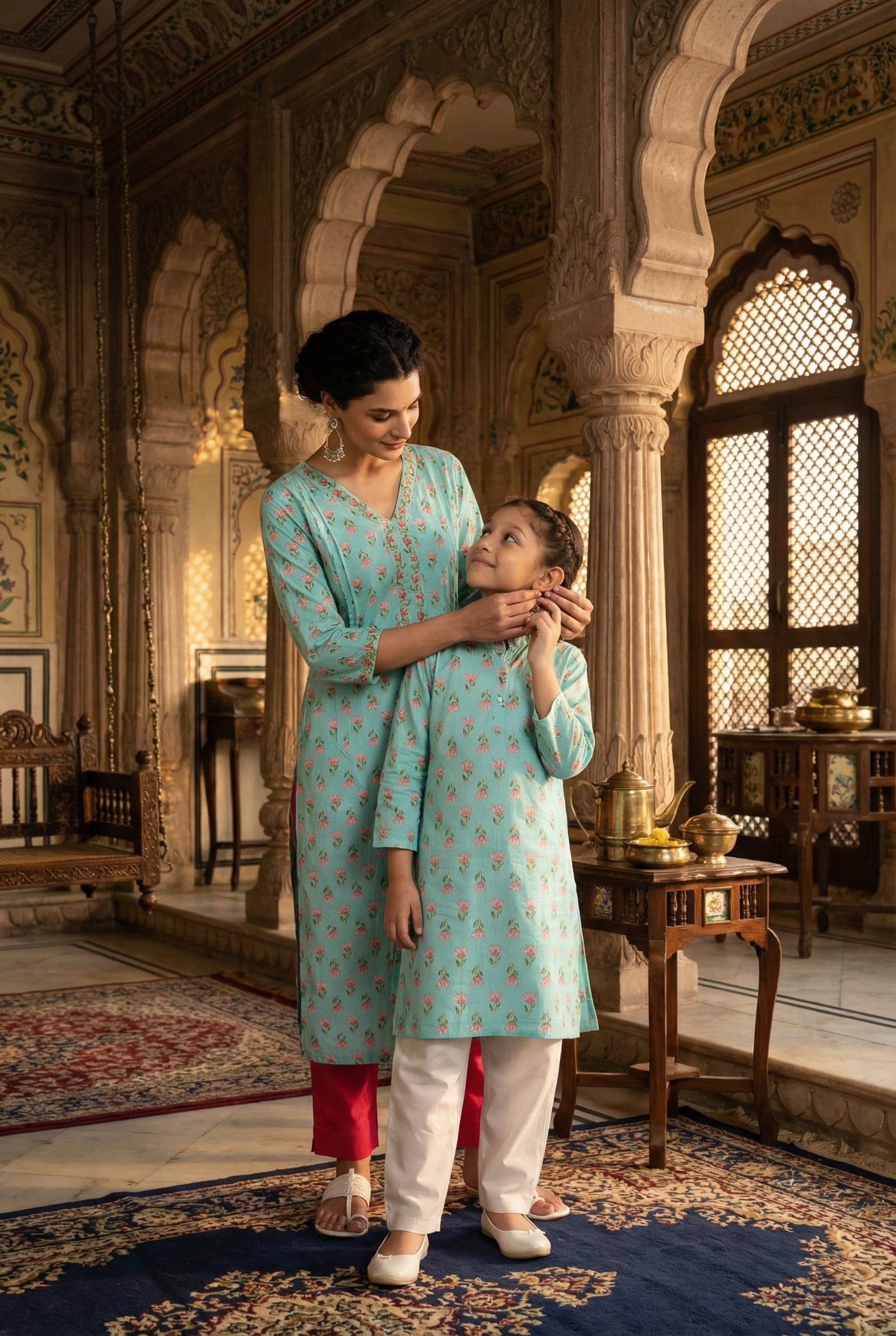 Women Printed Straight Kurta With Matching Girl Kurta Pyjama Set Mother Daughter Combo For Women & Girls (COMBO9033)