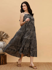 Women Casual Camric Printed Black A-Line Dress (W1816)