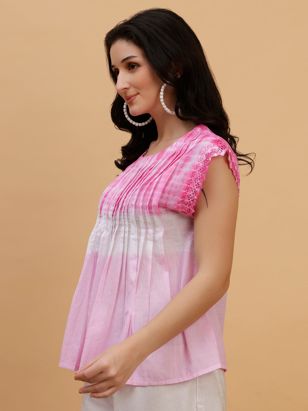 Women Pink-White Tie & Dye Camric Casual Top (W1805)