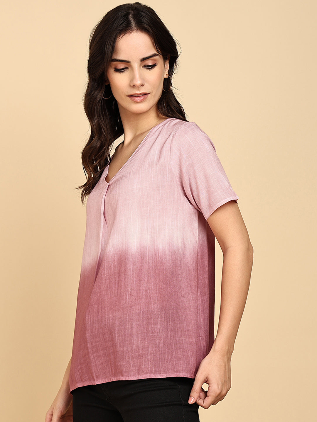 Women Casual Rayon Slub Tie & Dye V-Neck Short Sleeves Regular Fit Top (W1684)