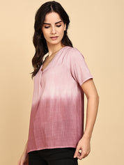 Women Casual Rayon Slub Tie & Dye V-Neck Short Sleeves Regular Fit Top (W1684)