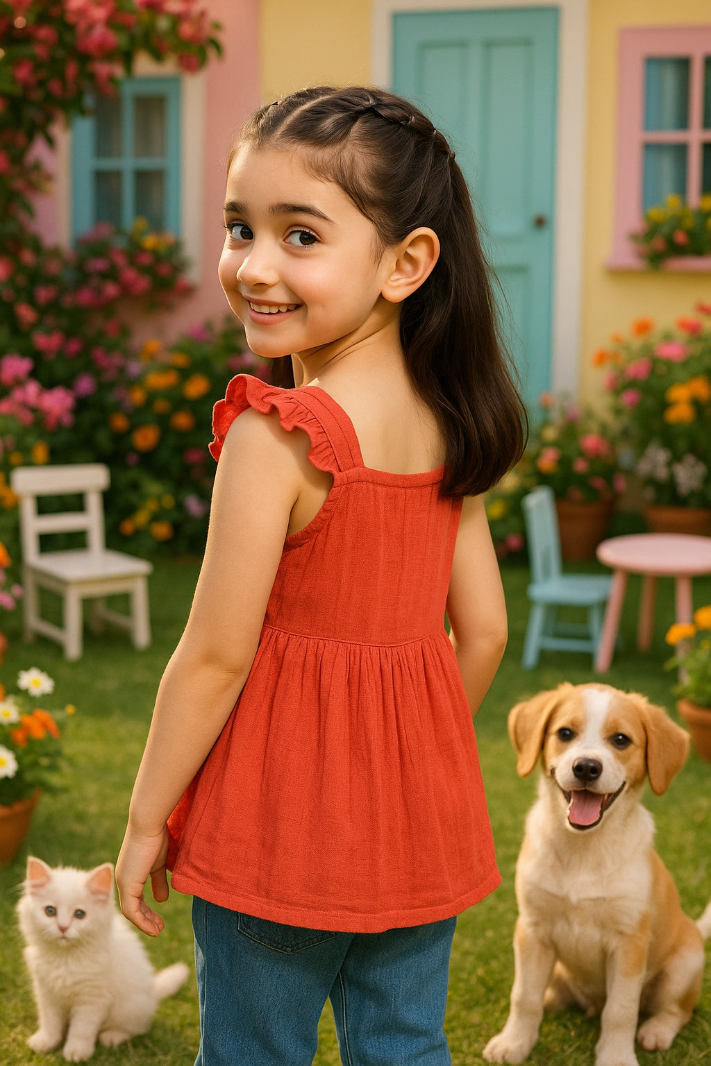 Cotton Frill Shoulder Plain Top for Girls (K1007)