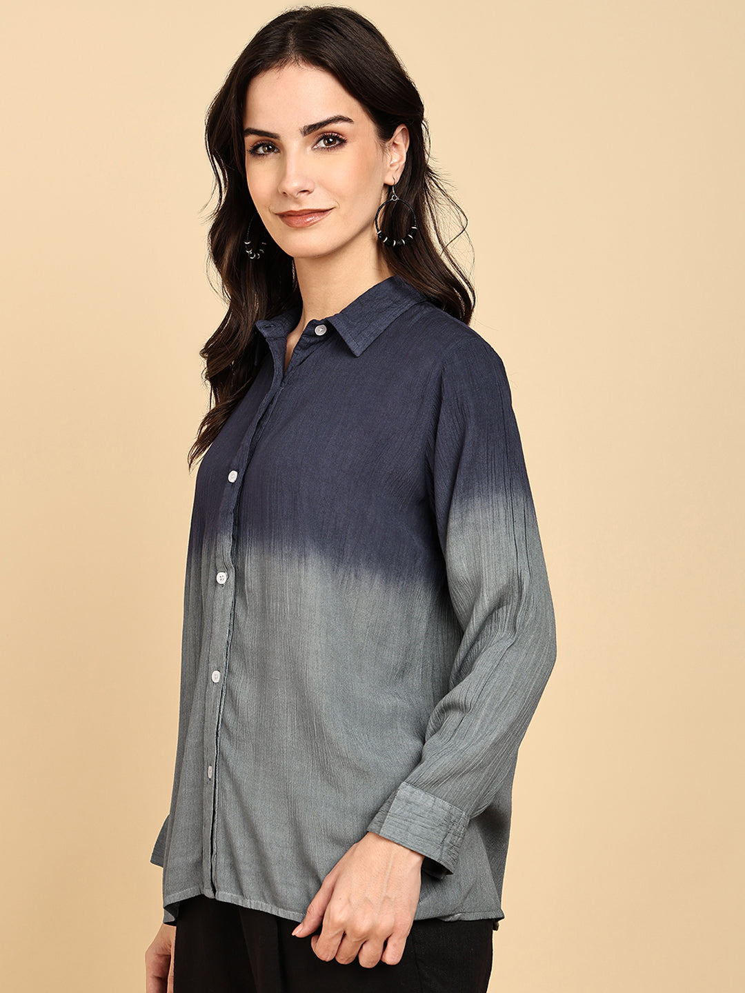 Women Casual Rayon Crepe Tie & Dye Spread Collar Full Sleeves Relaxed Fit Shirt (W1706)