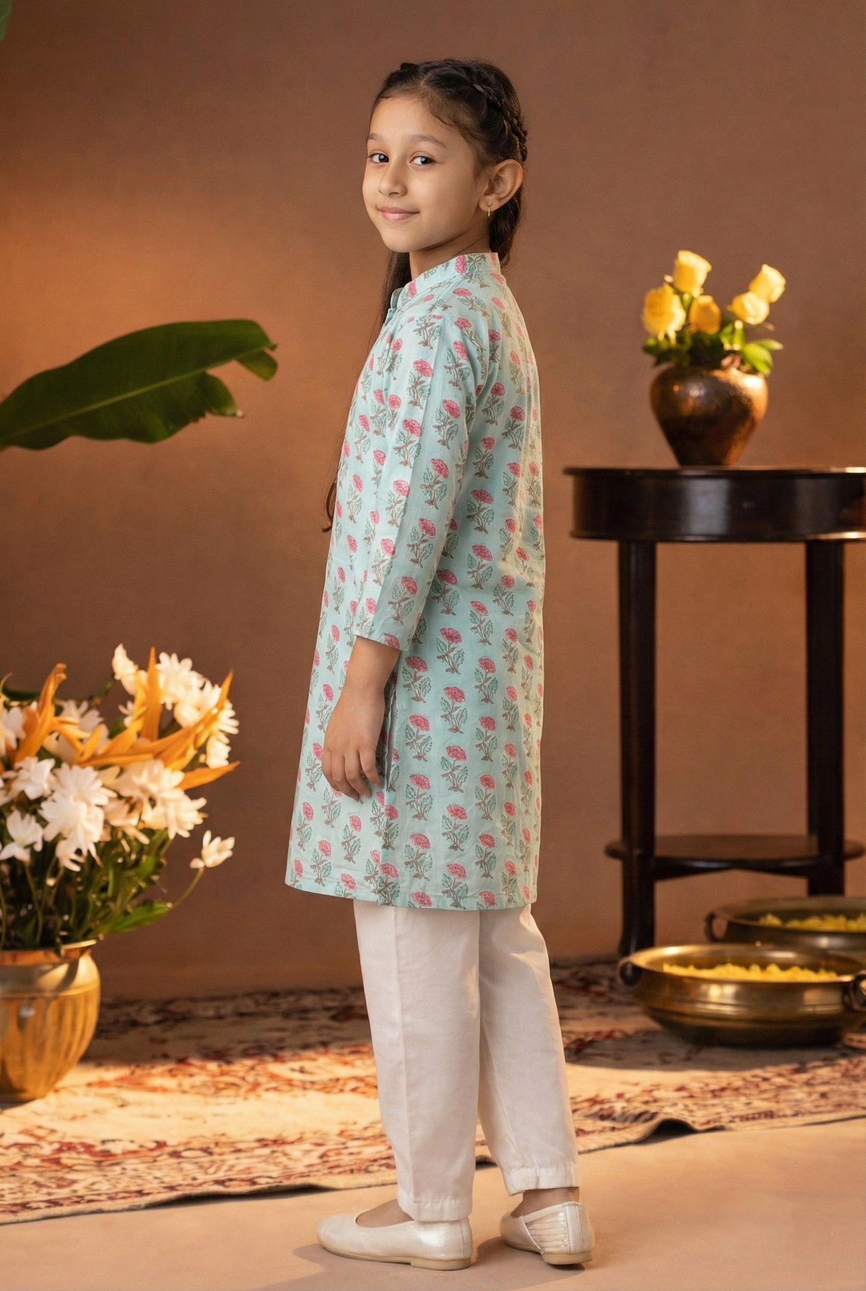 Printed Cotton Kurta Pyjama Set For Girls (K1055)