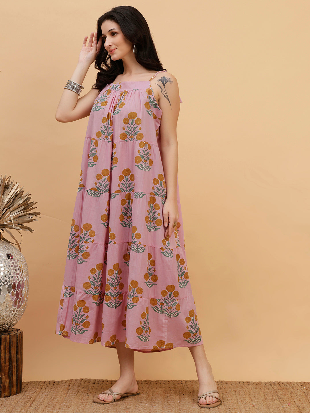 Women Pink Floral Printed Camric A-Line Dress (W1815)