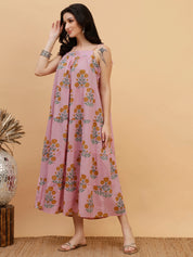 Women Pink Floral Printed Camric A-Line Dress (W1815)