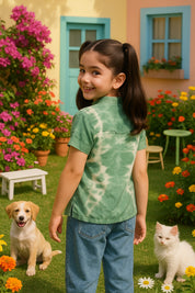 Green Ombre Tie & Dye Mandarin Collar Rayon Slub Top For Girls (K11063)