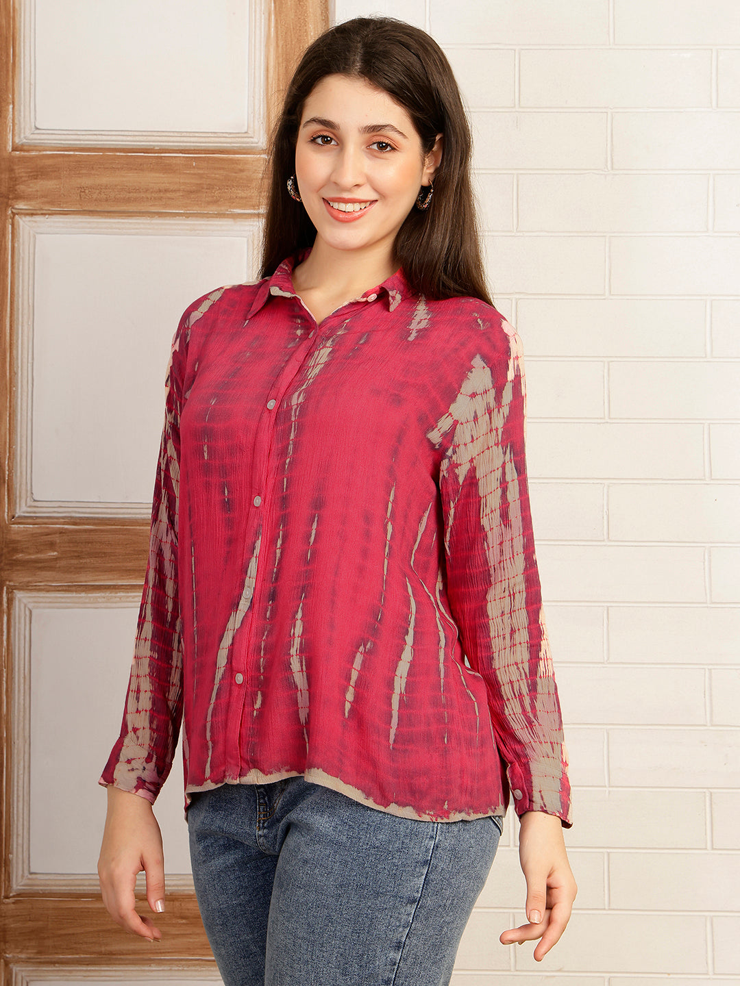 Women Hand Tie & Dye Pink Rayon Casual Shirt (W1791)