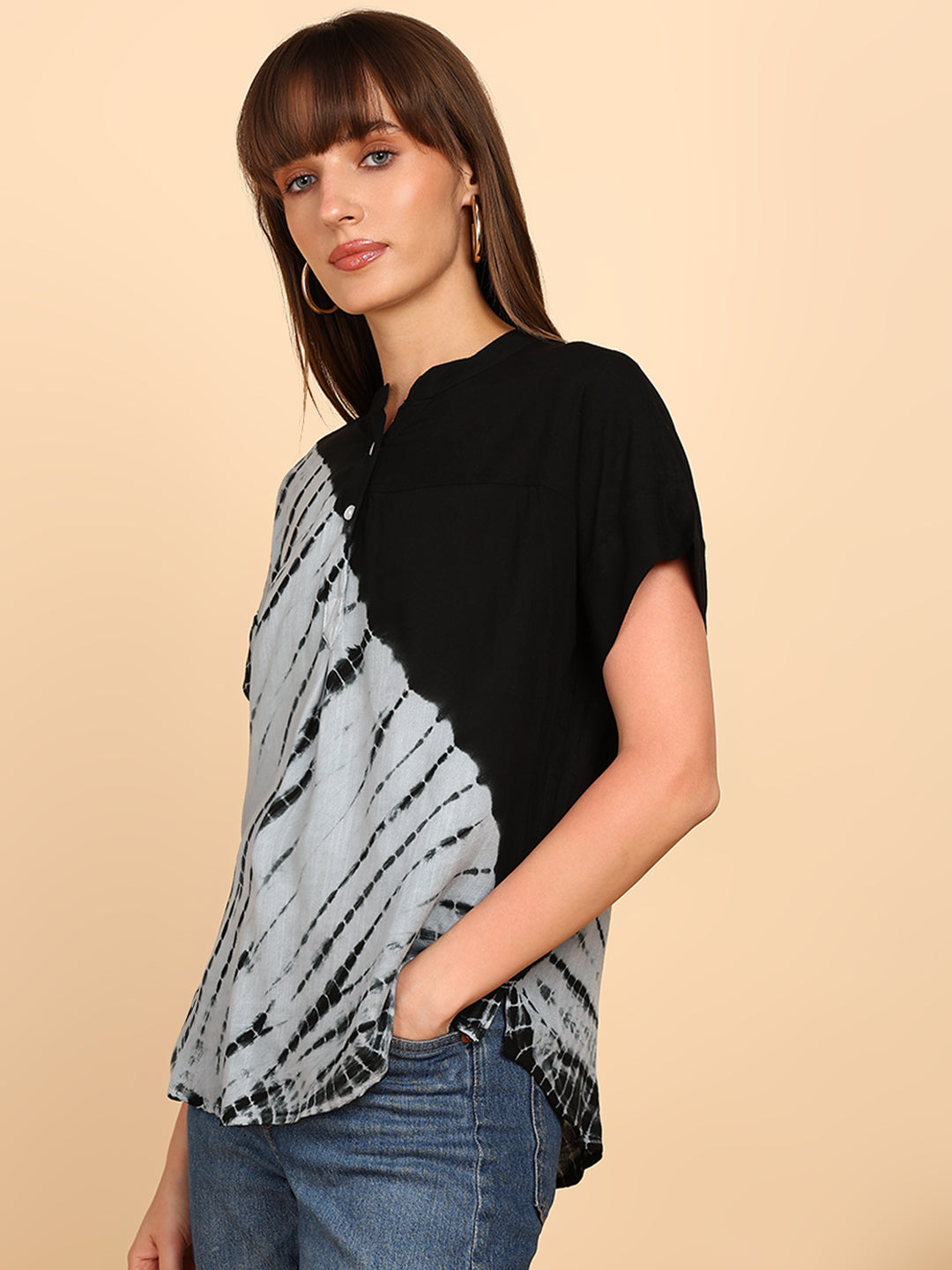 Women Rayon Slub Tie & Dye Mandarin Collar Regular Fit Top (W1769)