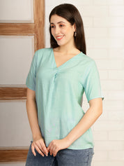 Women Aqua Blue Solid Rayon Casual Top (W1785)