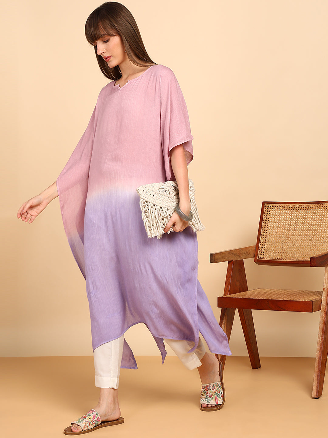 Women Hand Tie & Dye Rayon Crepe Kaftan (W1759)