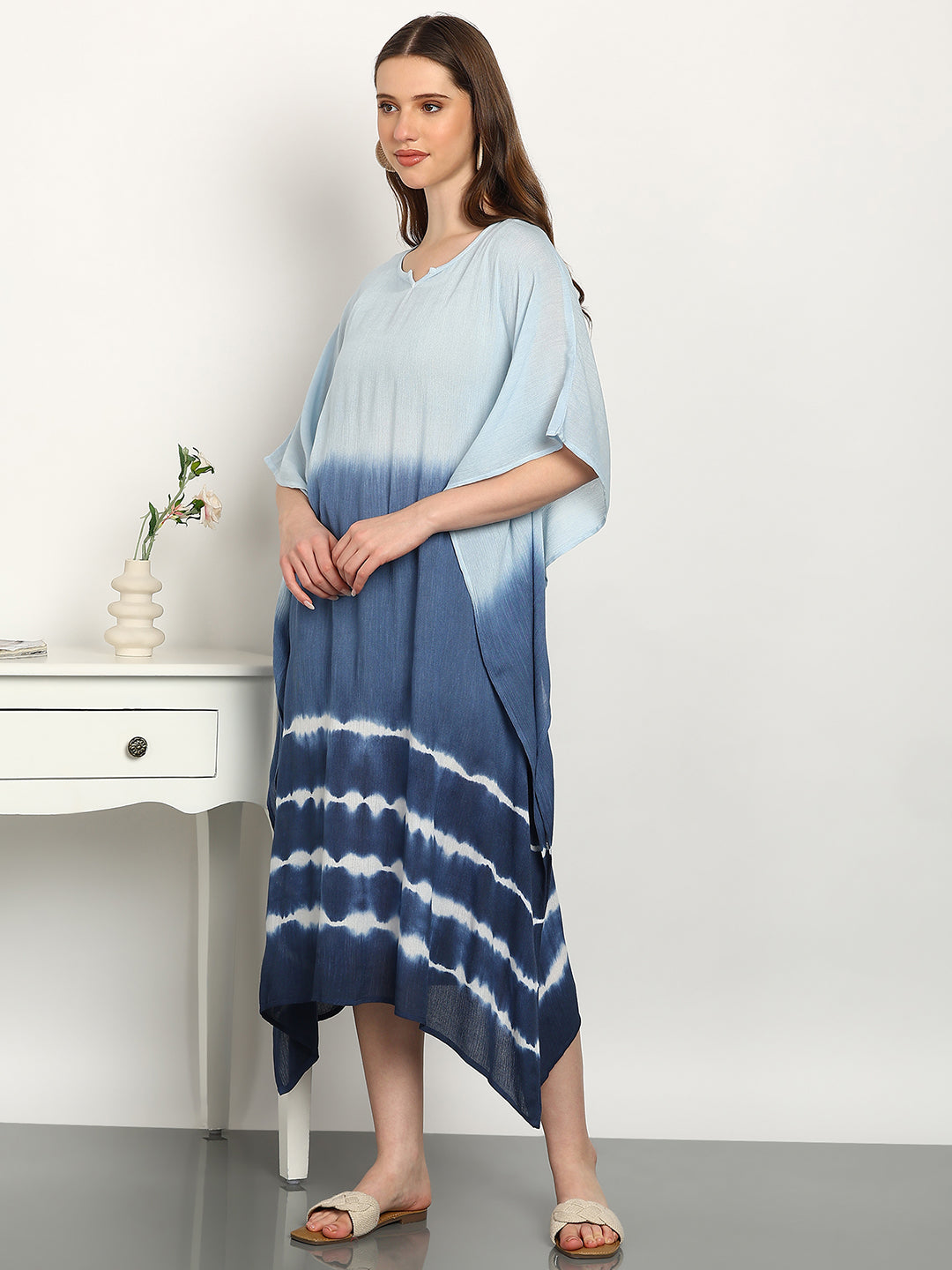 Women Tie & Dye Rayon Crepe Kaftan Dress (W1721)