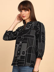 Women Cotton Slub Printed Mandarin Collar Regular Fit Shirt (W1763)