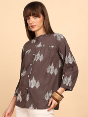 Women Cotton Slub Printed Mandarin Collar Regular Fit Shirt (W1766)