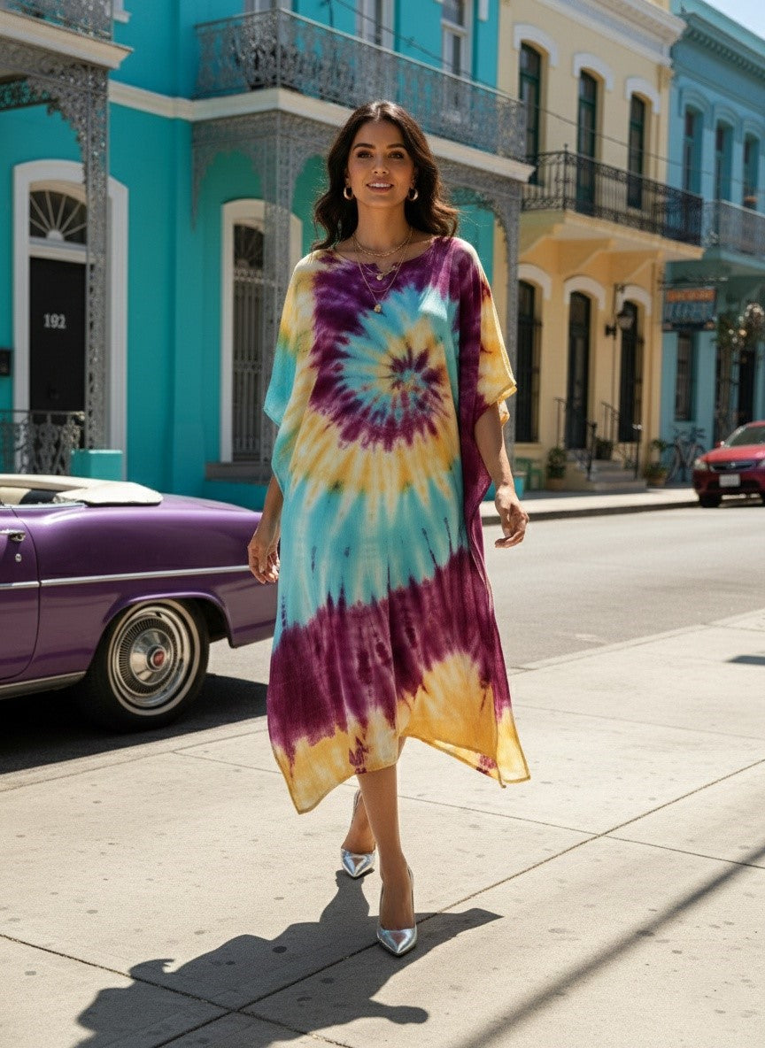 Women Rayon Tie & Dye Spiral Pink Yellow Kaftan Dress (W1347)