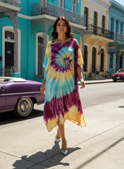 Women Rayon Tie & Dye Spiral Pink Yellow Kaftan Dress (W1347)