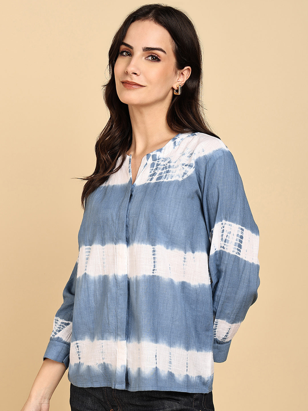 Women Casual Cotton Slub Tie & Dye Mandarin Full Sleeves Regular Fit Shirt (W1718)