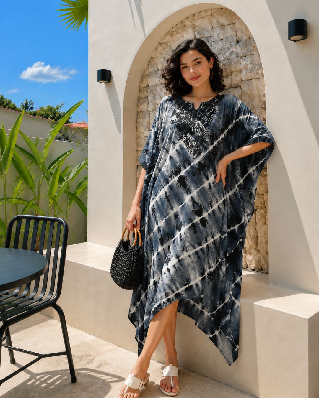 Women Hand Tie & Dye Rayon Staple Kaftan Dress (W1380)