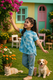 Light Blue Ombre Tie & Dye Mandarin Collar Rayon Slub Top For Girls (K11065)