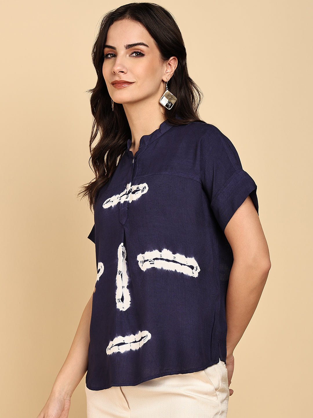 Women Casual Rayon Slub Tie & Dye Mandarin Short Sleeves Regular Fit Top (W1702)