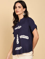 Women Casual Rayon Slub Tie & Dye Mandarin Short Sleeves Regular Fit Top (W1702)