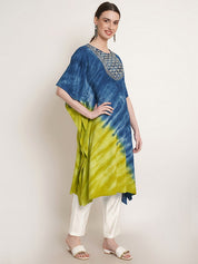 Green & Blue Tie Dye Embroidery Work Rayon Staple Kaftan Kurta (W1383)