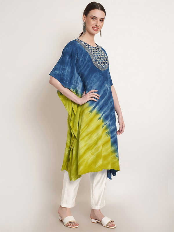 Green & Blue Tie Dye Embroidery Work Rayon Staple Kaftan Kurta (W1383)
