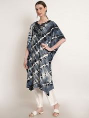 Black Bandhej Tie Dye Embroidery Work Rayon Staple Kaftan Kurta (W1380)
