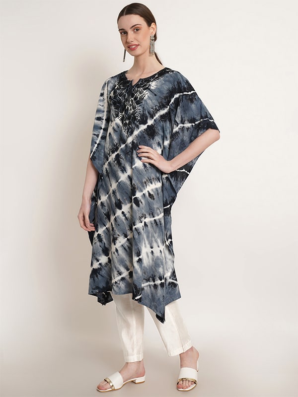 Black Bandhej Tie Dye Embroidery Work Rayon Staple Kaftan Kurta (W1380)