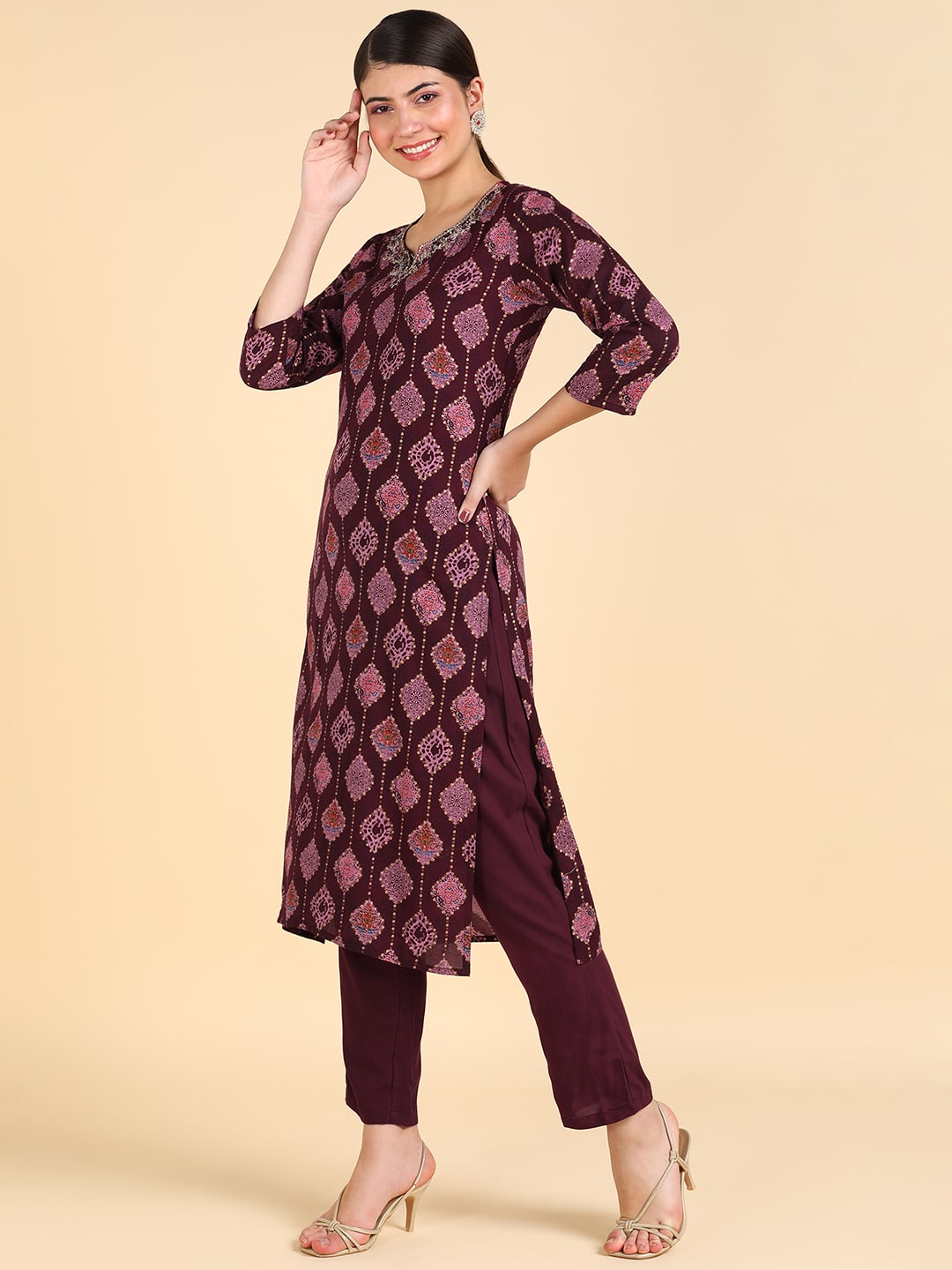 Discharge Print Wine Rayon Adda Work Suit Set With Dupatta (W1407)