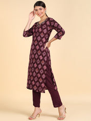 Discharge Print Wine Rayon Adda Work Suit Set With Dupatta (W1407)