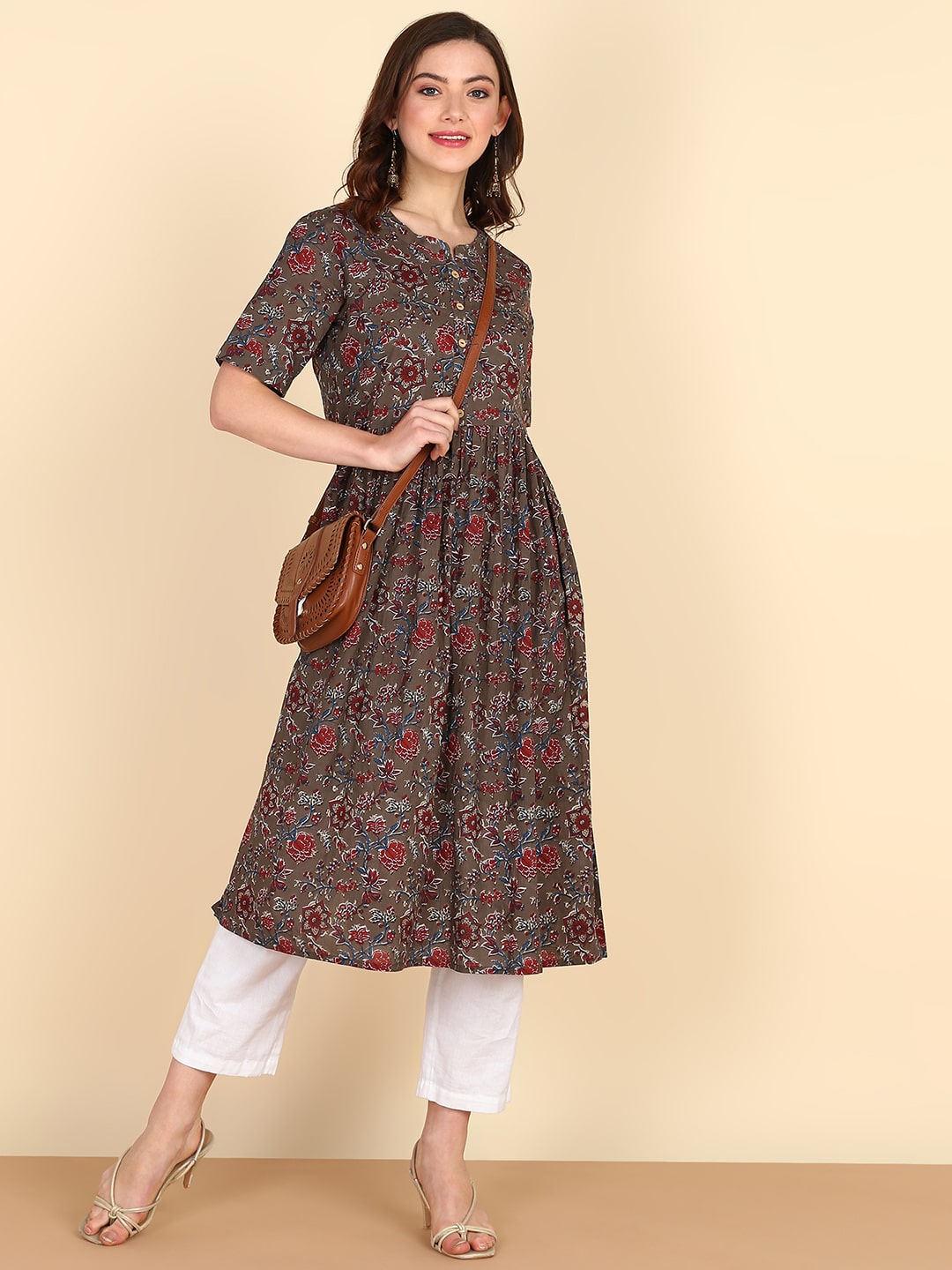 Pure Cotton Floral Printed Brown Flared Kurta (W1230)