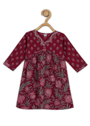 Girls Maroon Printed Cotton A-line Kurta And Pant Set (K1091)