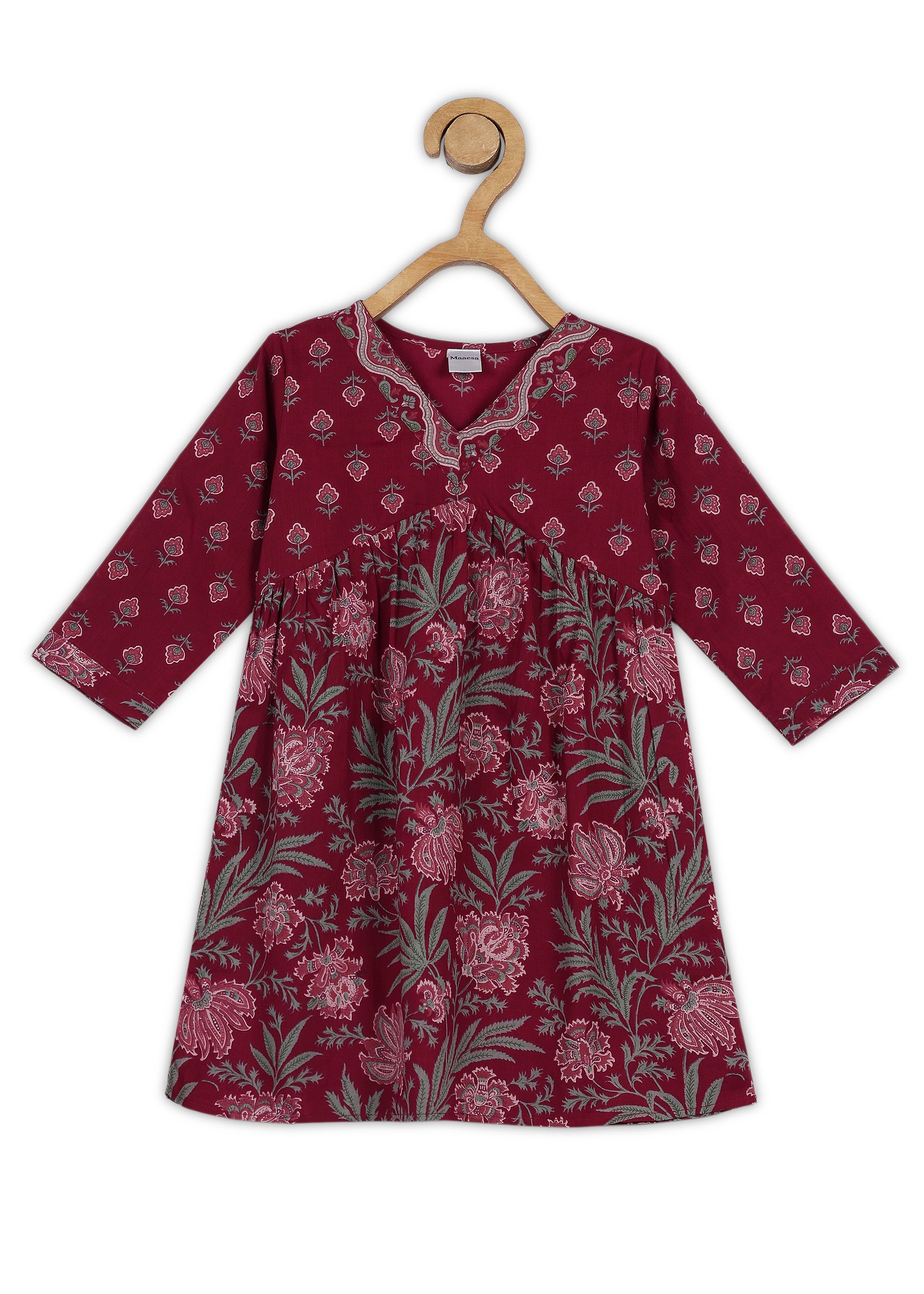 Girls Maroon Printed Cotton A-line Kurta And Pant Set (K1091)