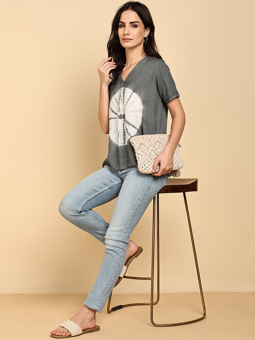 Women Casual Rayon Slub Tie & Dye V-Neck Short Sleeves Regular Fit Top (W1686)