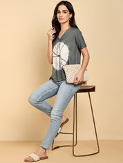 Women Casual Rayon Slub Tie & Dye V-Neck Short Sleeves Regular Fit Top (W1686)