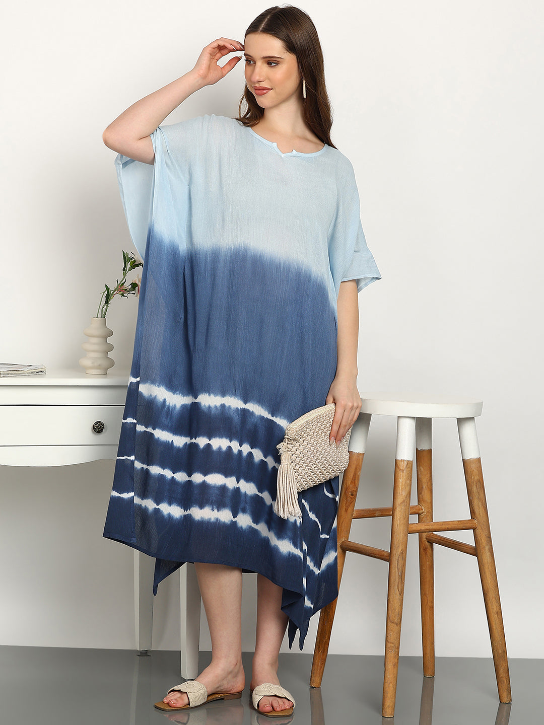 Women Tie & Dye Rayon Crepe Kaftan Dress (W1721)
