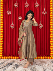 Maaesa Luxe Brown Crepe Tissue Festive Kurta Set | Kurta Bottom Dupatta (W10003)