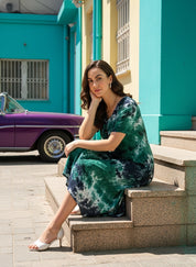 Rayon Tie Dye Sea Green A-Line Midi Dress (W1257)