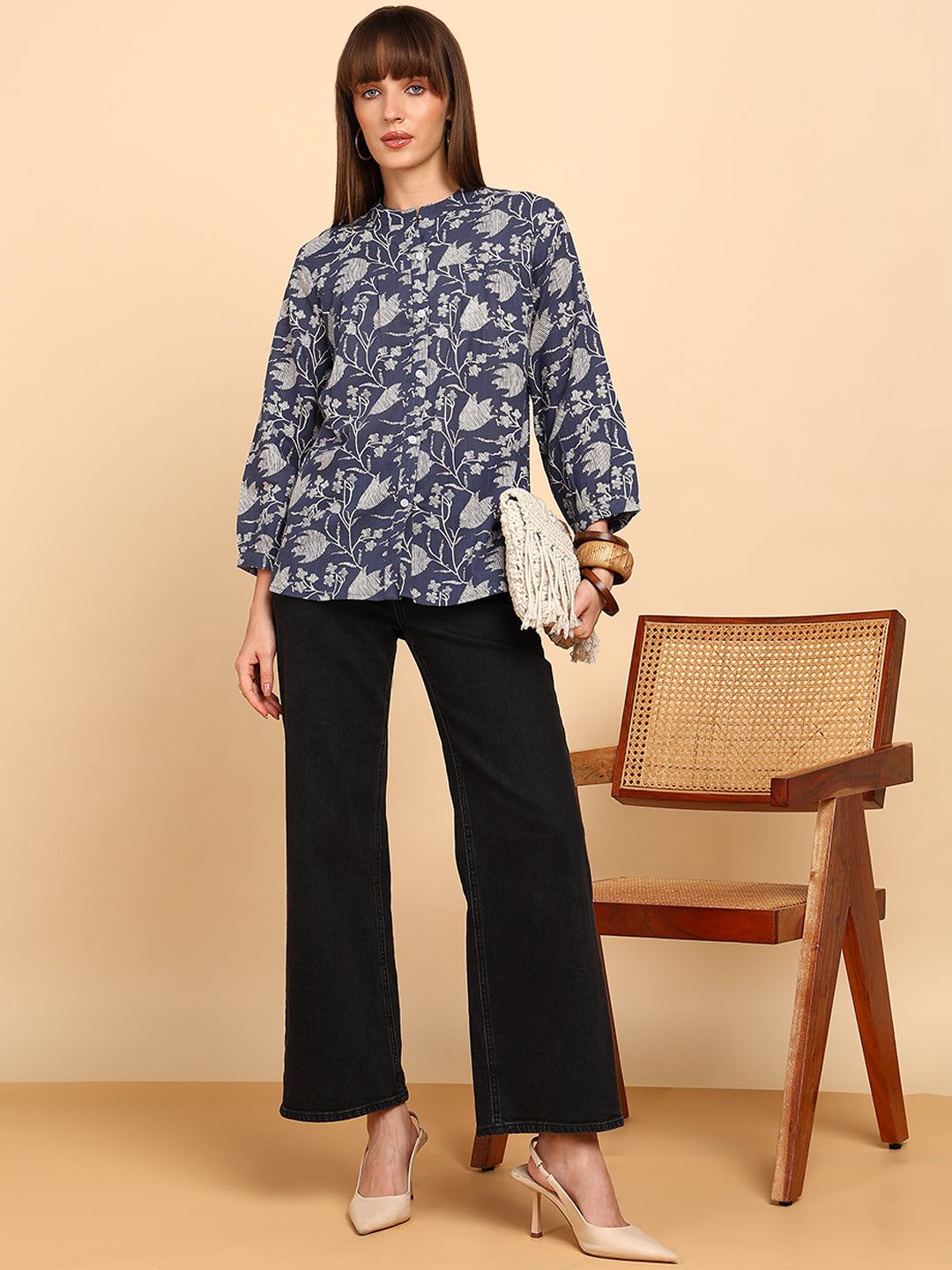 Women Cotton Slub Printed Mandarin Collar Regular Fit Shirt (W1767)