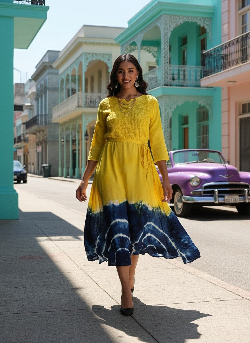 Rayon Tie Dye A-Line Navy Blue Midi Dress With Tie-Up Belt (W1242)
