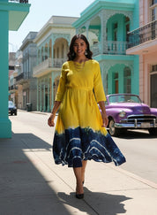 Rayon Tie Dye A-Line Navy Blue Midi Dress With Tie-Up Belt (W1242)