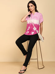 Women Casual Rayon Slub Tie & Dye Mandarin Short Sleeves Regular Fit Top (W1701)